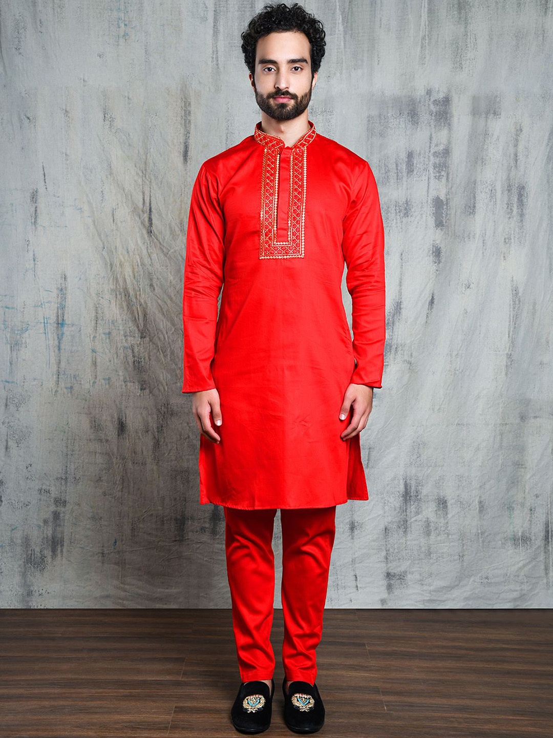 

Be Desi Geometric Yoke Design Gotta Patti Satin Straight Kurta with Pyjamas, Red