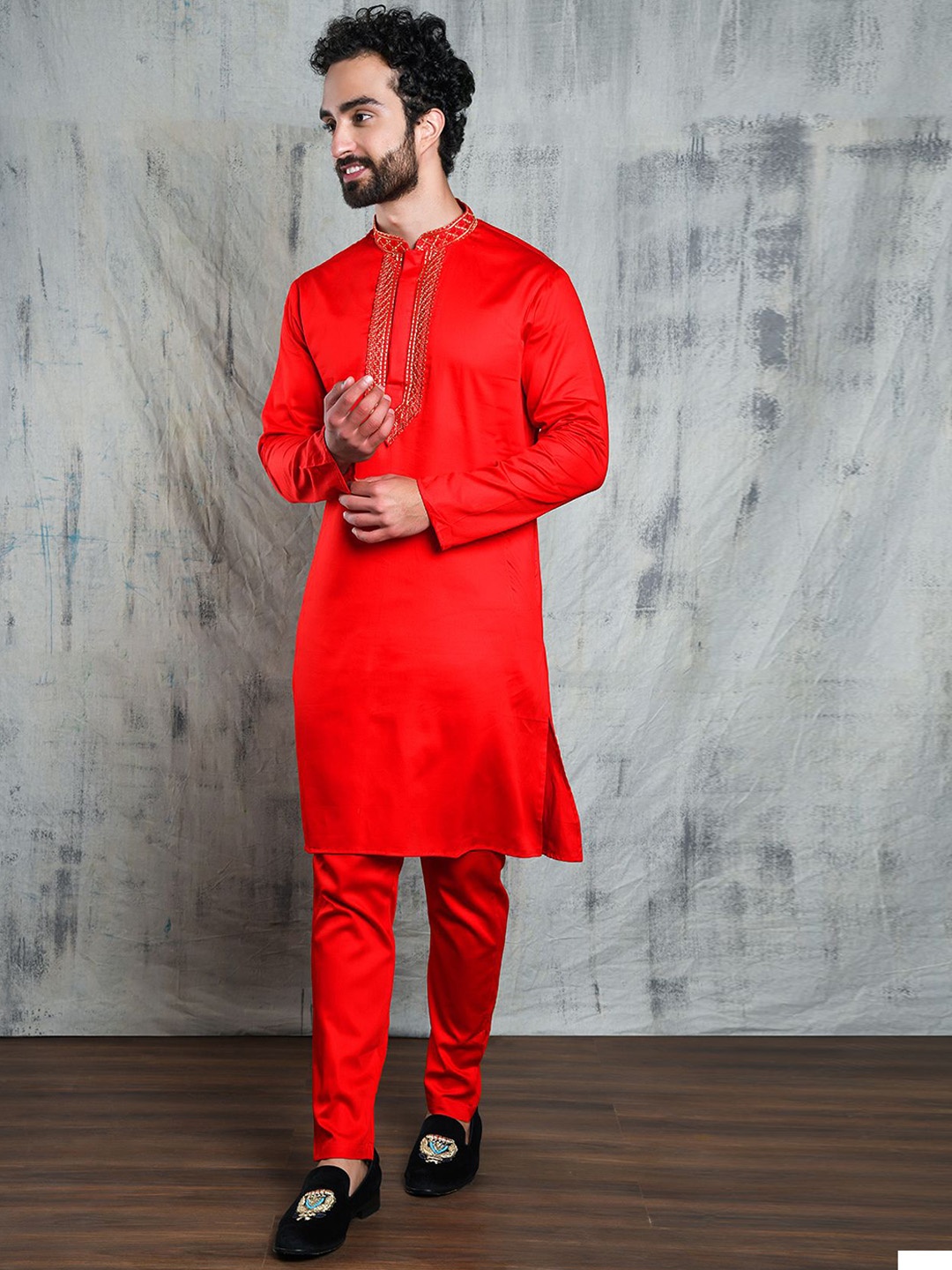 

Be Desi Ethnic Motifs Yoke Design Thread Work Satin Straight Kurta with Pyjamas, Red