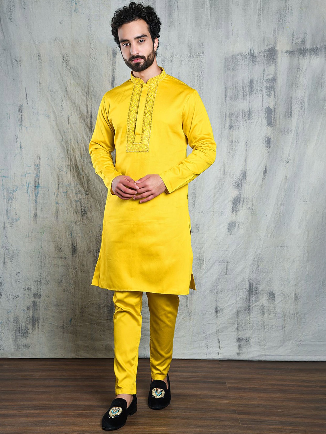 

Be Desi Geometric Yoke Design Thread Work Satin Straight Kurta with Pyjamas, Yellow