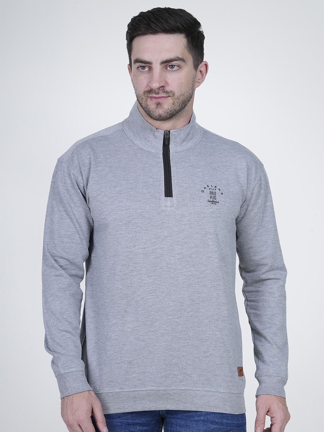 

Polo Plus Men Printed Mock Collar Sweatshirt, Grey melange