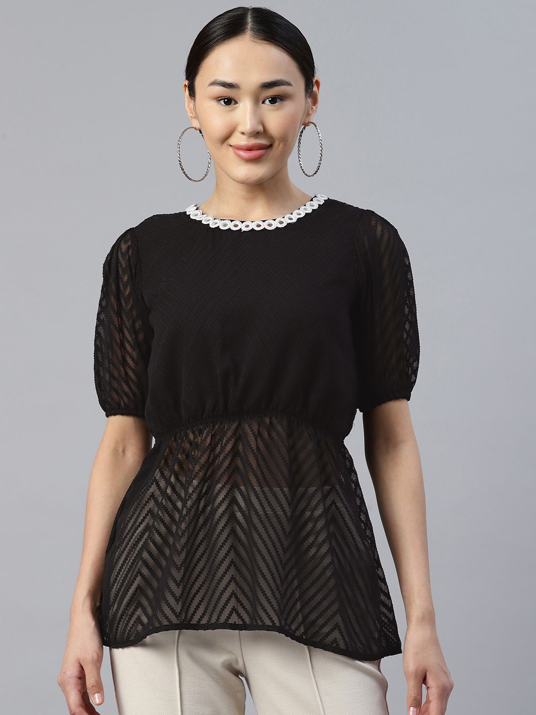 

Bhanderi Fashion Women Puff Sleeves Cinched Waist Longline Top, Black