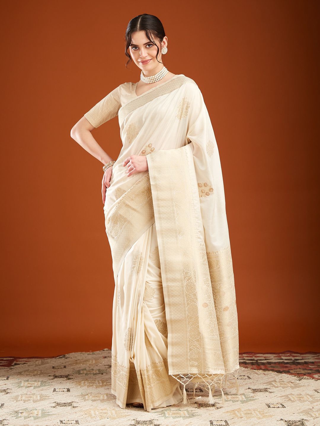 

MAHALASA Woven Design Zari Pure Silk Designer Kanjeevaram Saree, Off white