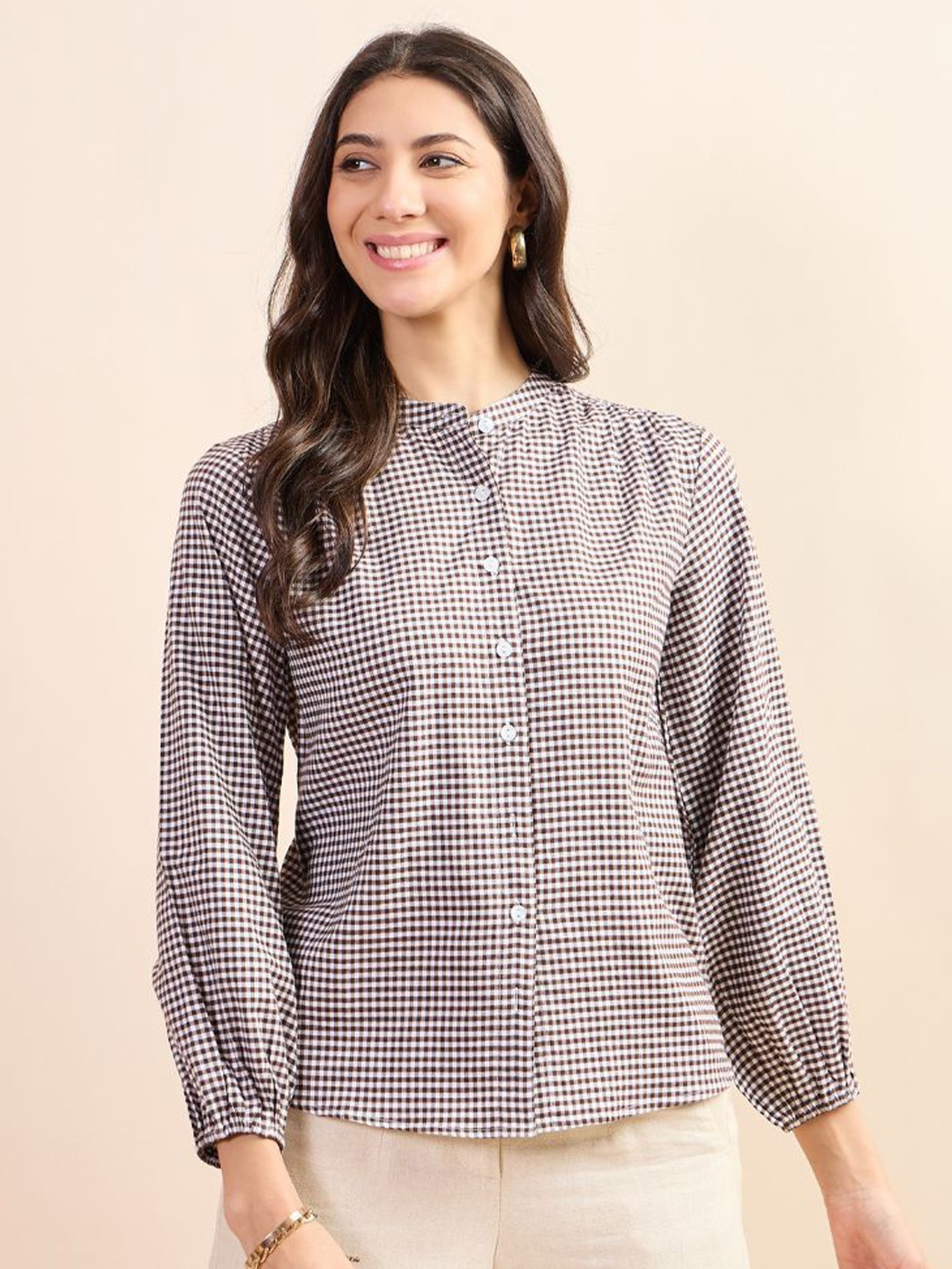 

Kiarabel Retail Women Checked Band Collar Comfort Fit Cotton Shirt, Brown