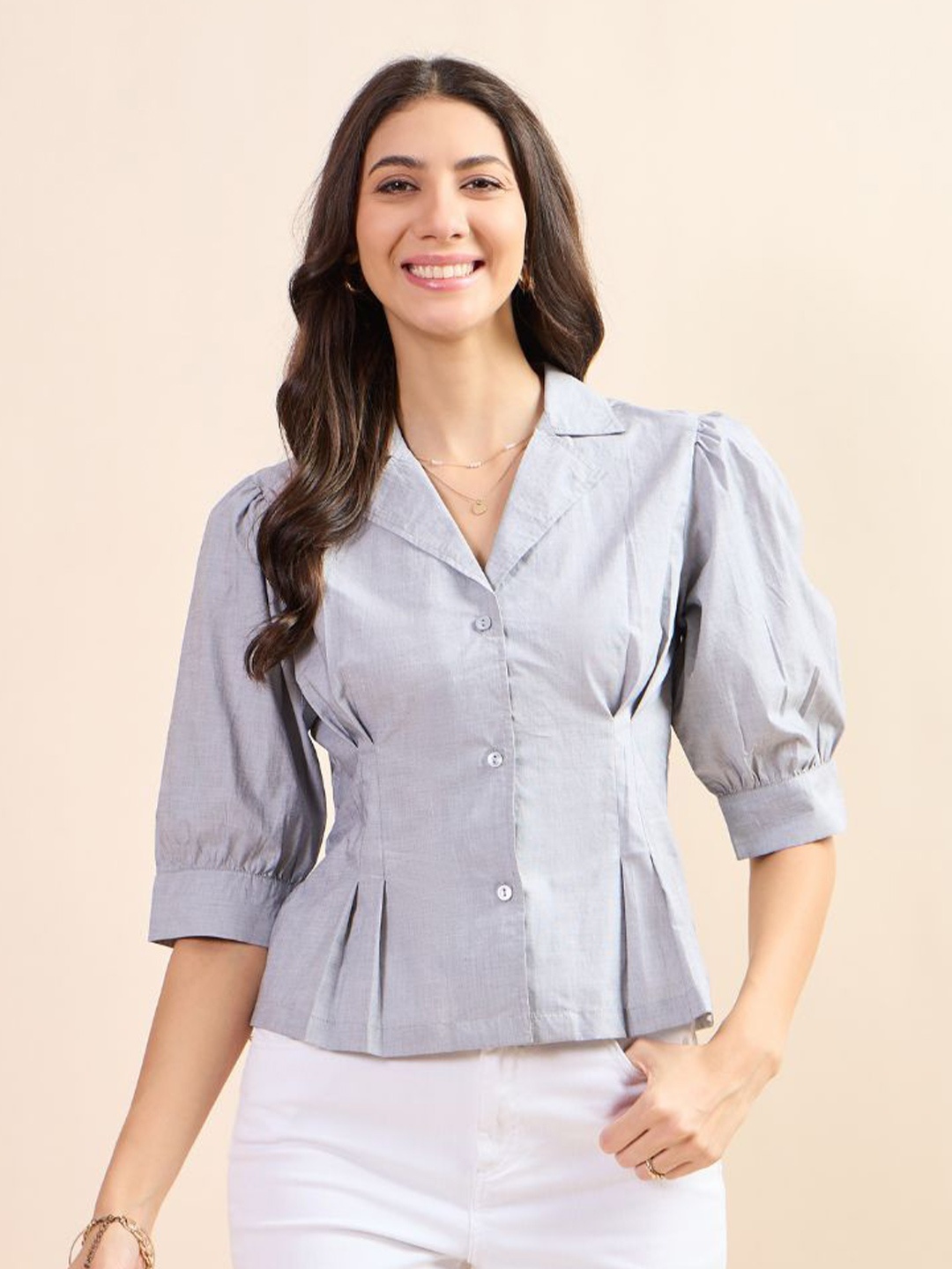 

Kiarabel Retail Women Solid Puff Sleeves Comfort Fit Cotton Shirt, Grey