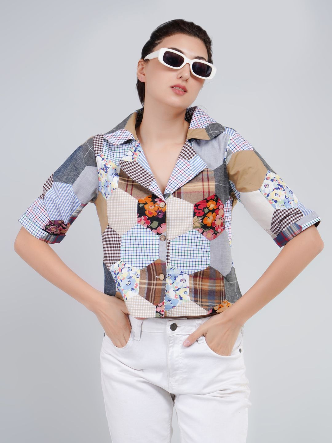 

Kiarabel Retail Women Comfort Cuban Collar Geometric Printed Cotton Casual Shirt, Blue
