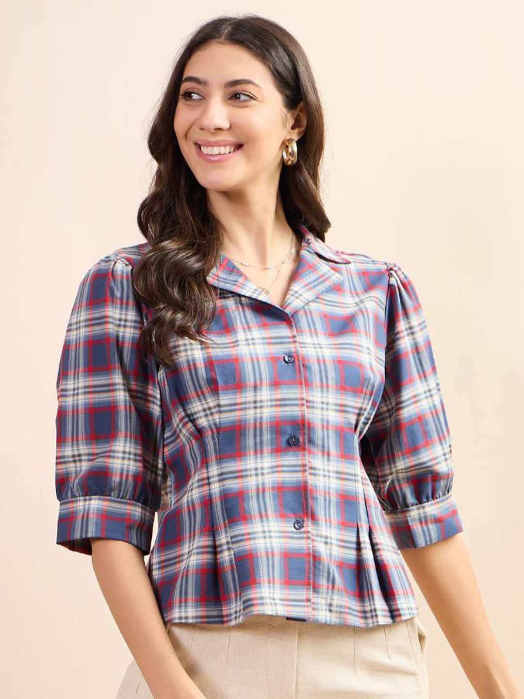 

Kiarabel Retail Women Checked Puff Sleeves Comfort Fit Cotton Shirt, Blue