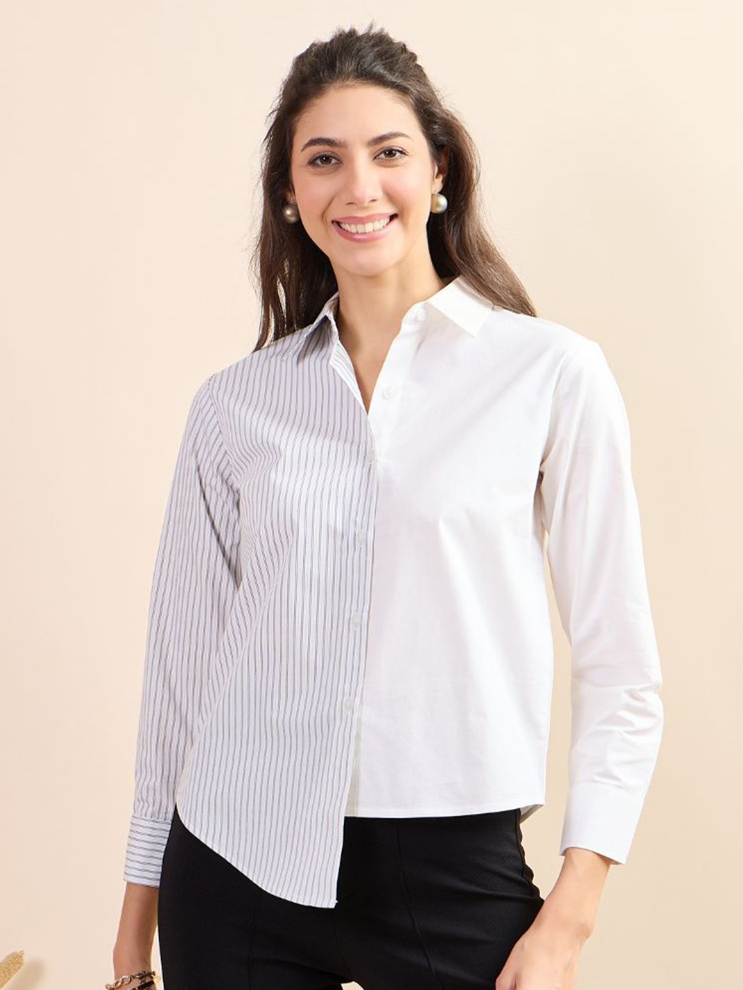 

Kiarabel Retail Women Comfort Spread Collar Colourblocked Cotton Casual Shirt, White