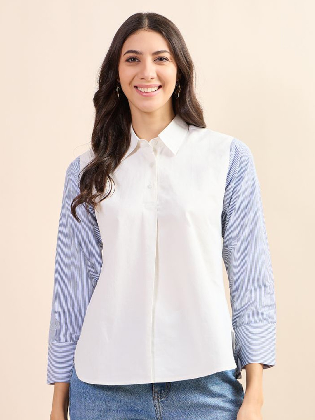

Kiarabel Retail Women Comfort Spread Collar Solid Cotton Casual Shirt, White