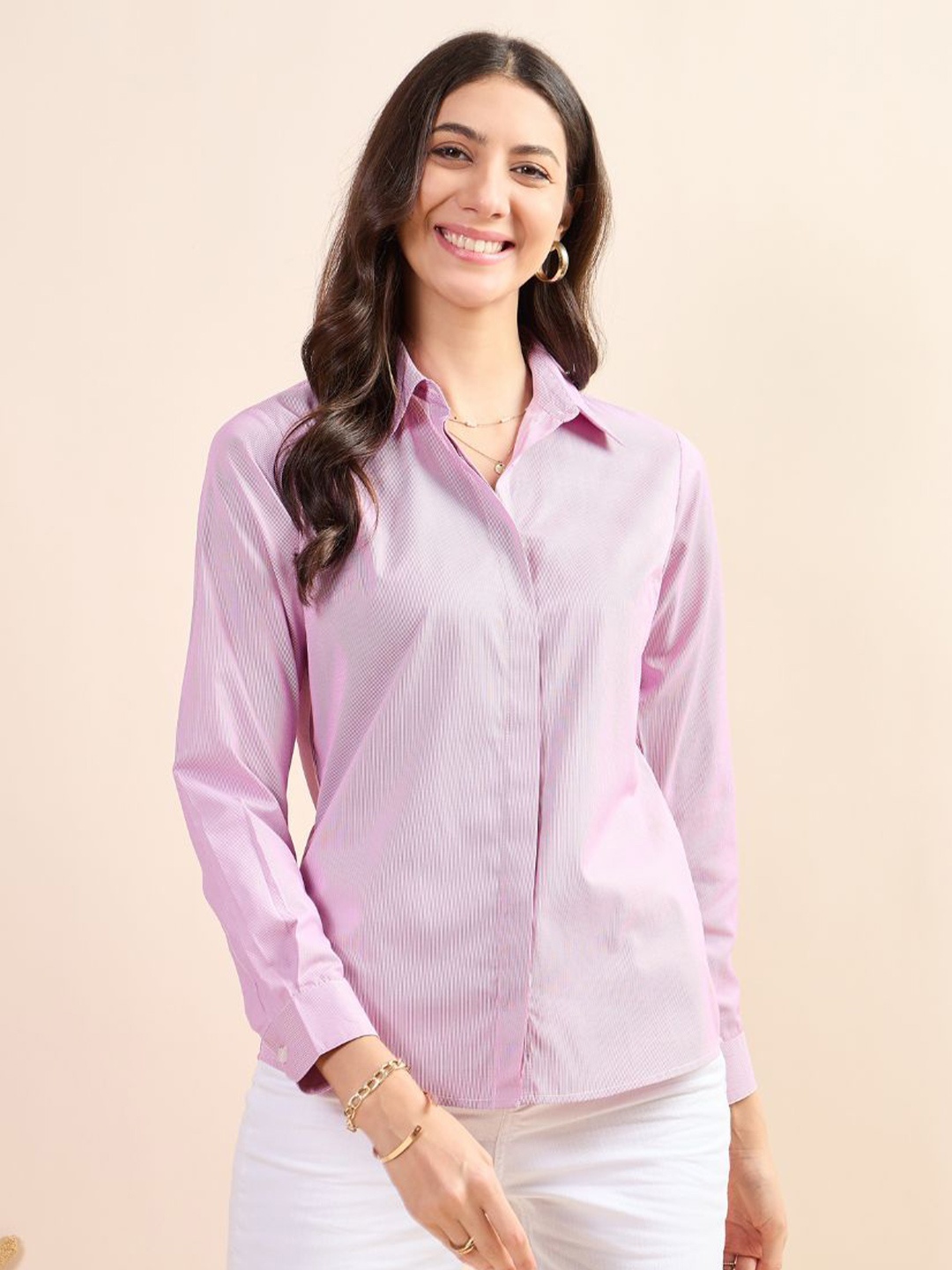 

Kiarabel Retail Women Comfort Spread Collar Vertical Striped Cotton Casual Shirt, Pink