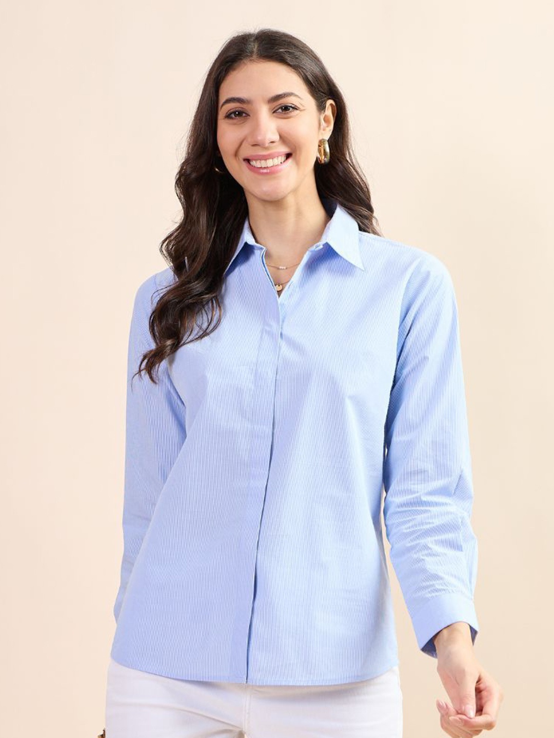 

Kiarabel Retail Women Comfort Spread Collar Vertical Striped Cotton Casual Shirt, Blue