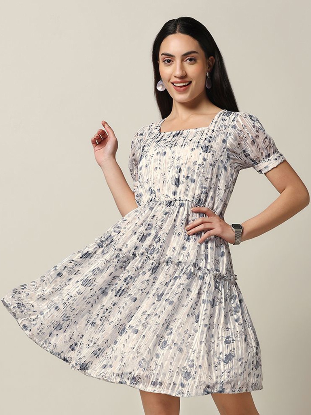 Moda Rapido Women Floral Printed Square Neck Fit & Flare Dress, White