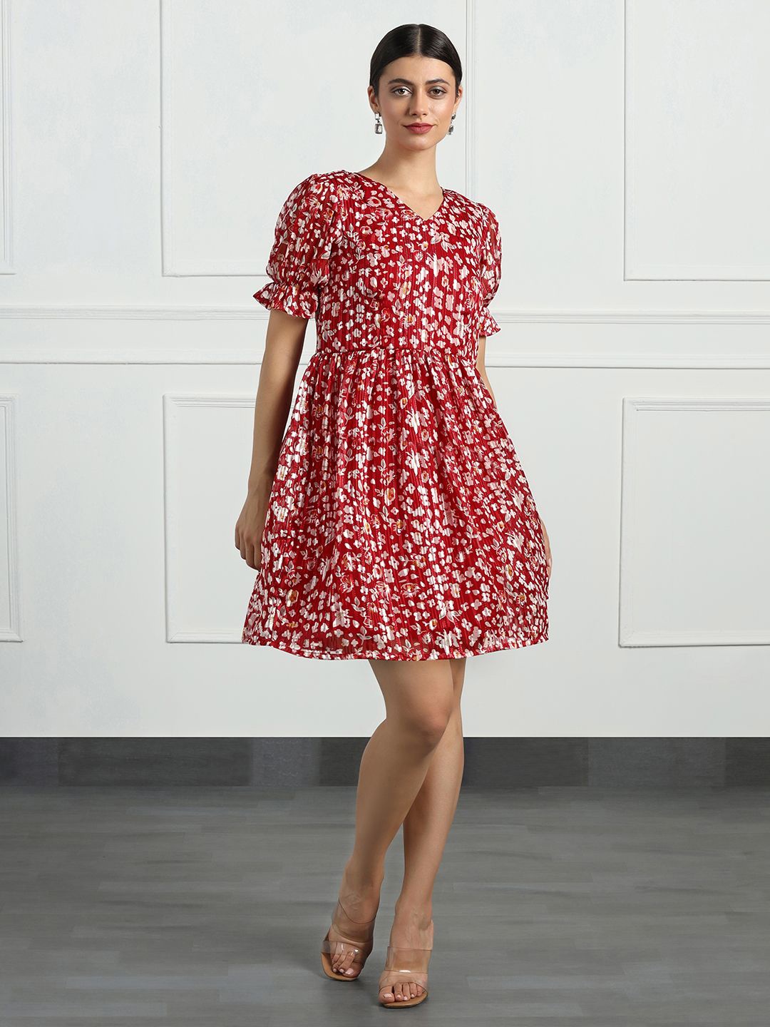 

Moda Rapido Women Floral Printed Puff Sleeves A-Line Dress, Red