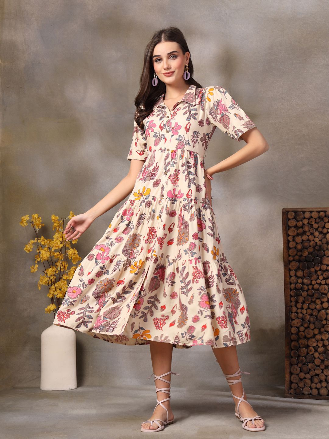 

Stylum Women Tropical Print Fit & Flare Maxi Dress, Beige
