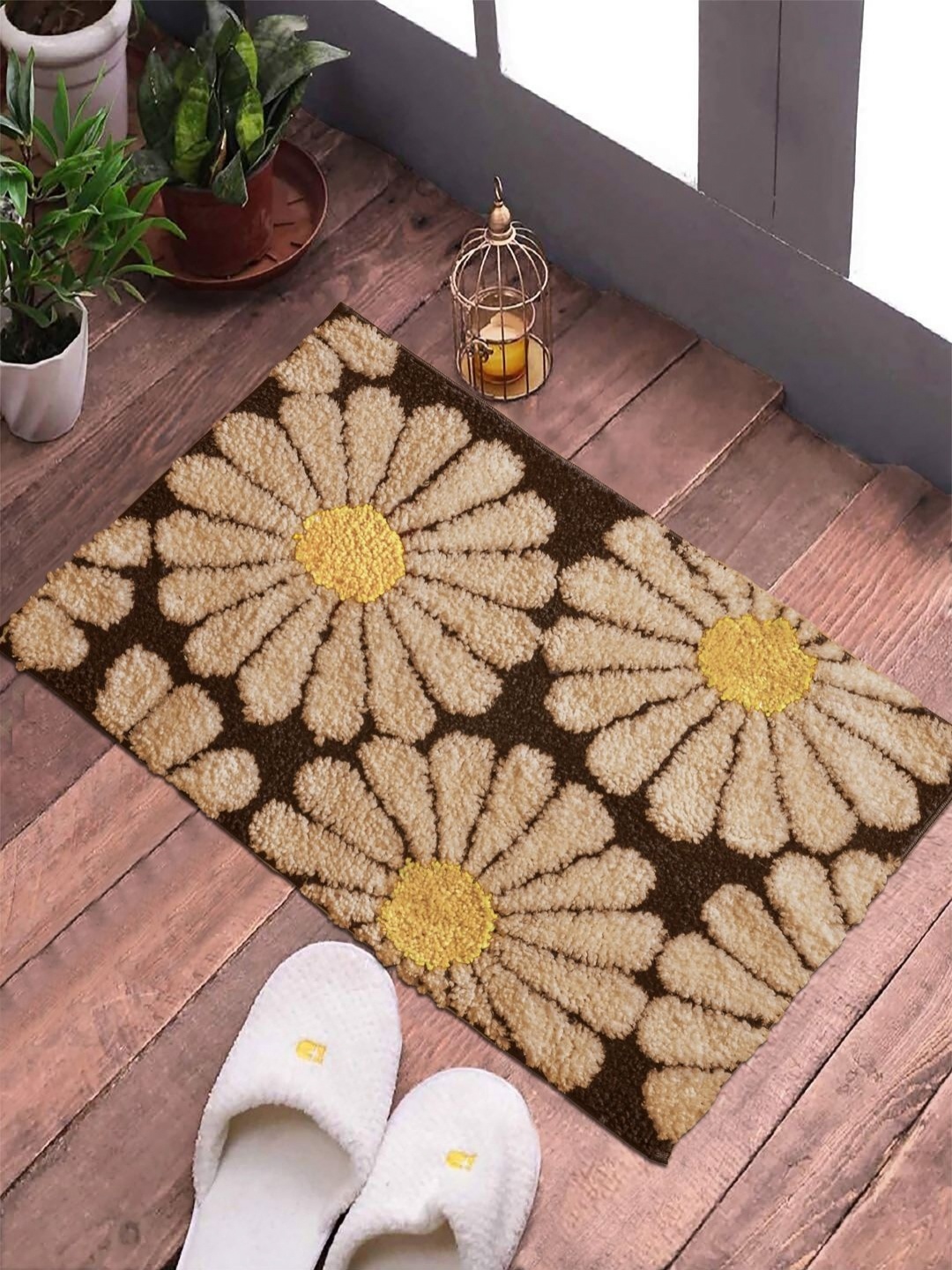 FABINALIV Brown Floral Patterned Anti-Skid Doormat