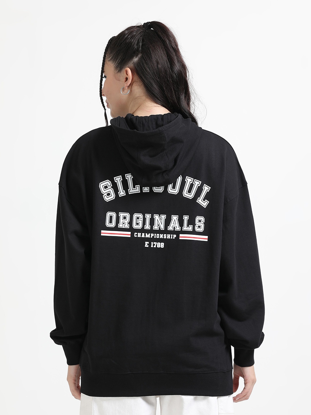 

SILISOUL Women Printed Hooded Sweatshirt, Black