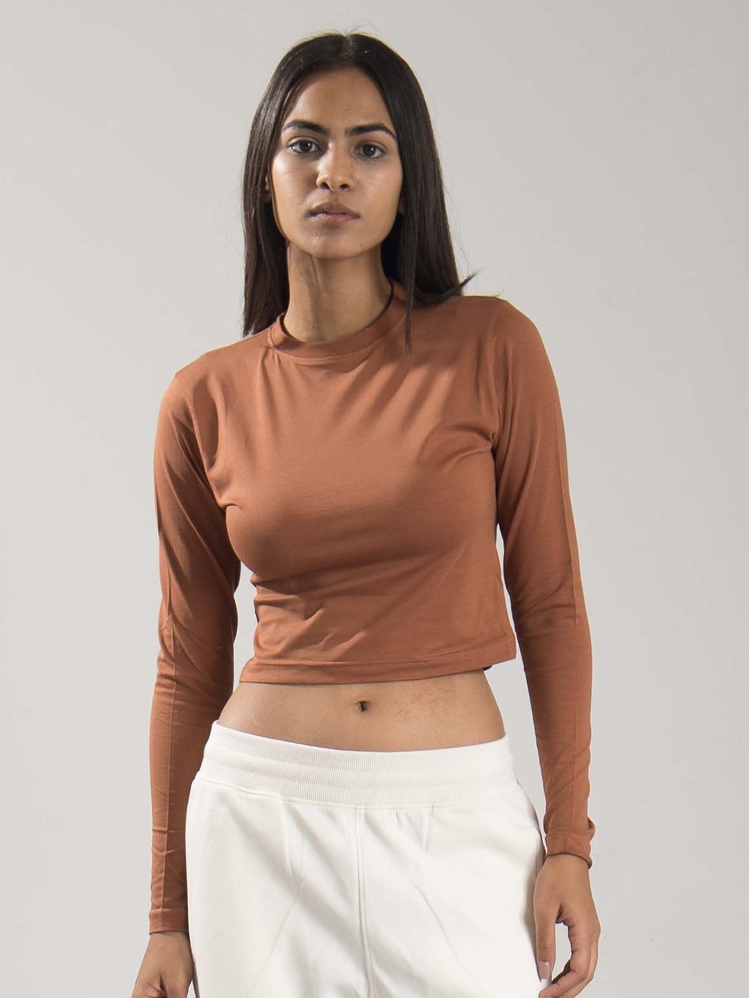 

ONEWAY Women Round Neck Cotton Crop Top, Brown