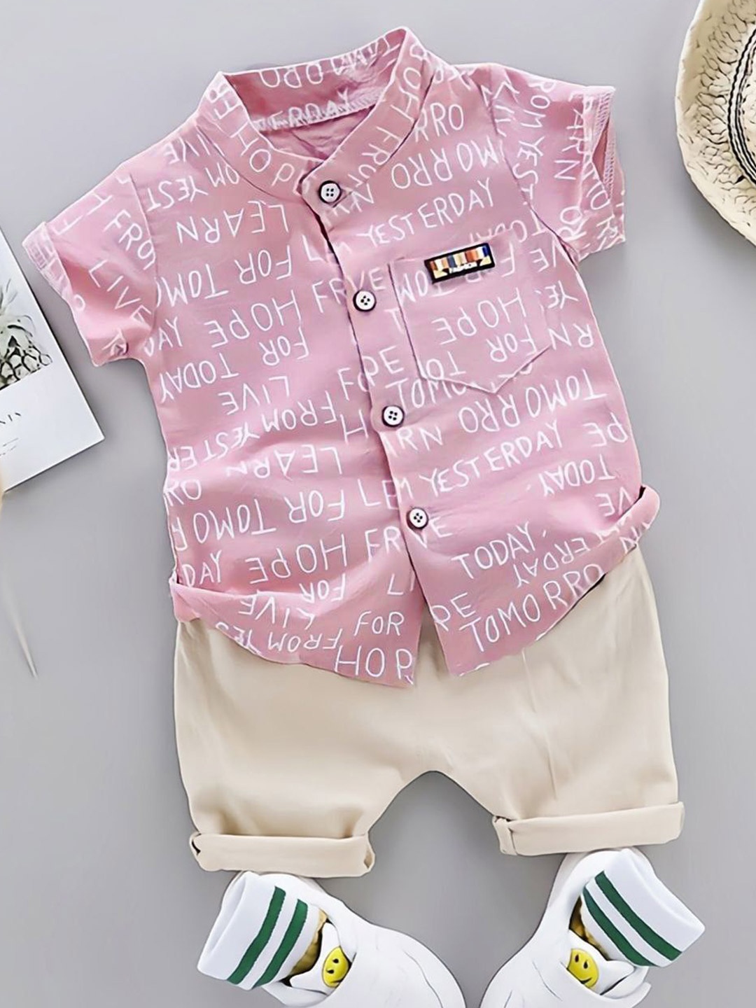 

ULTRINA Boys Printed Band Collar Shirt With Shorts, Cream