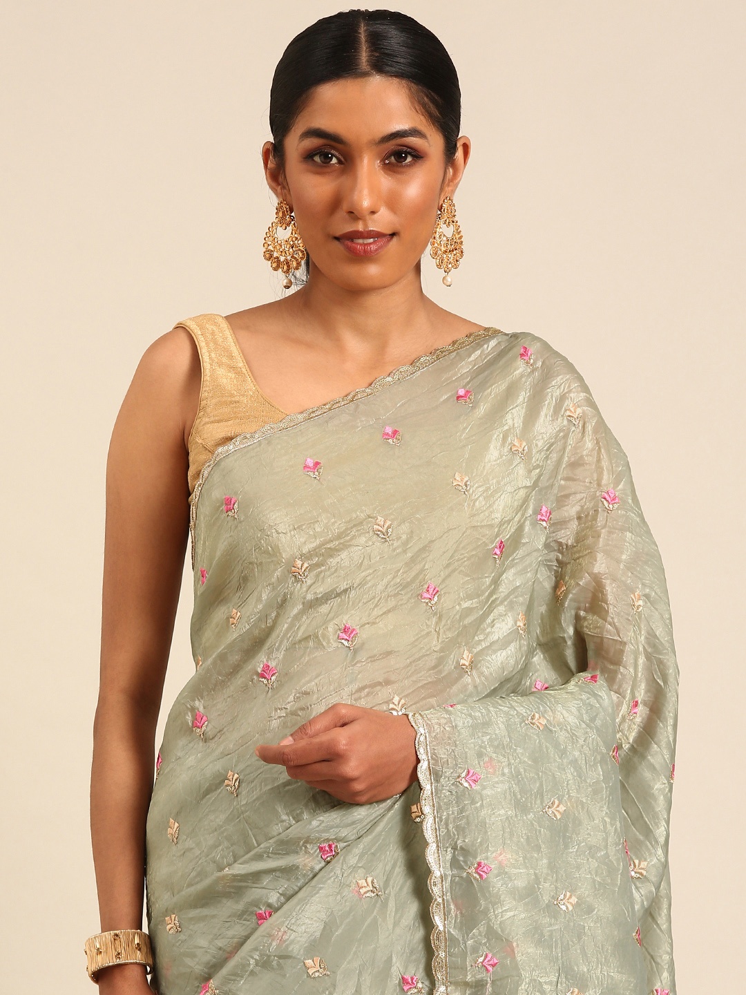 

Mitera Floral Embroidered Sequinned Tissue Saree, Green