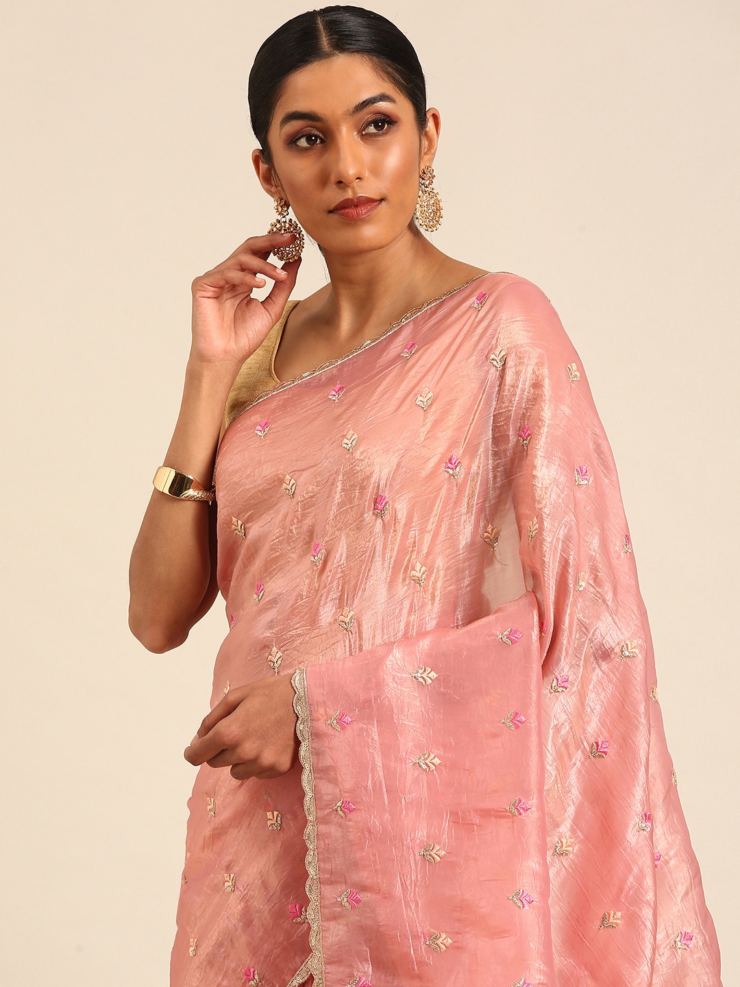 

Mitera Floral Sequinned Tissue Designer Saree, Pink