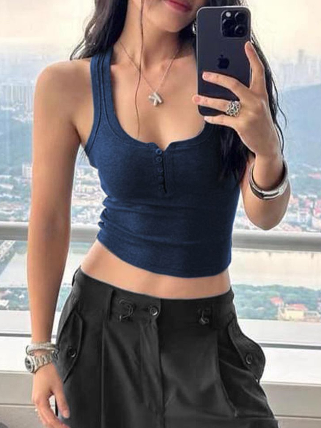 

StyleCast x Revolte Women Georgette Fitted Crop Top, Navy blue
