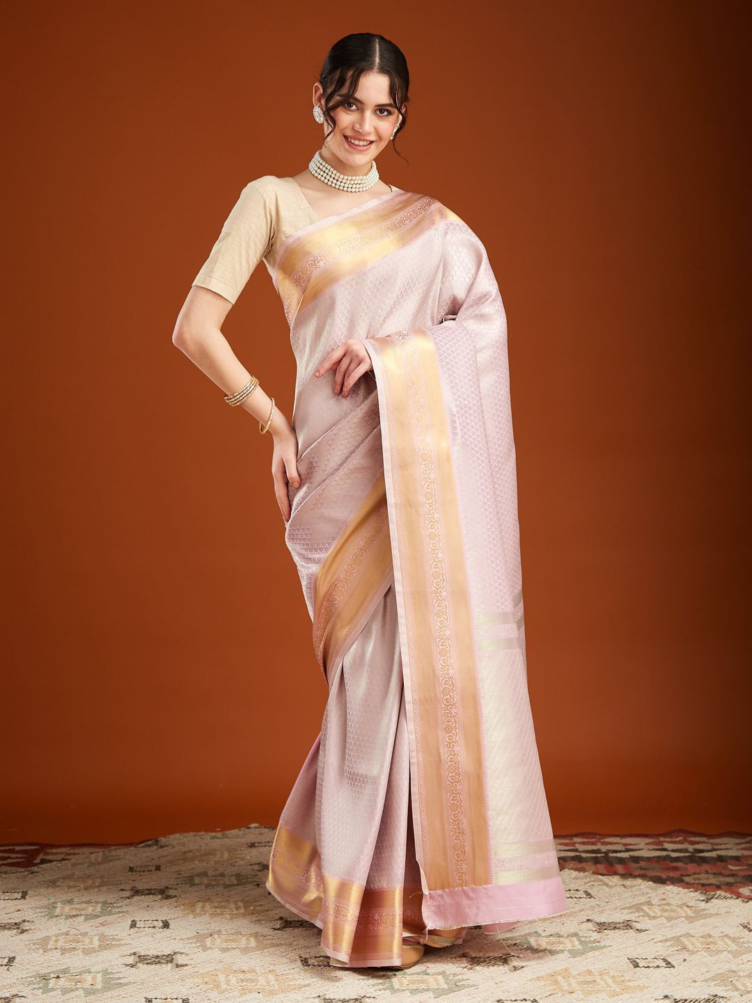 

MAHALASA Ethnic Motifs Woven Design Zari Pure Silk Kanjeevaram Saree, Pink