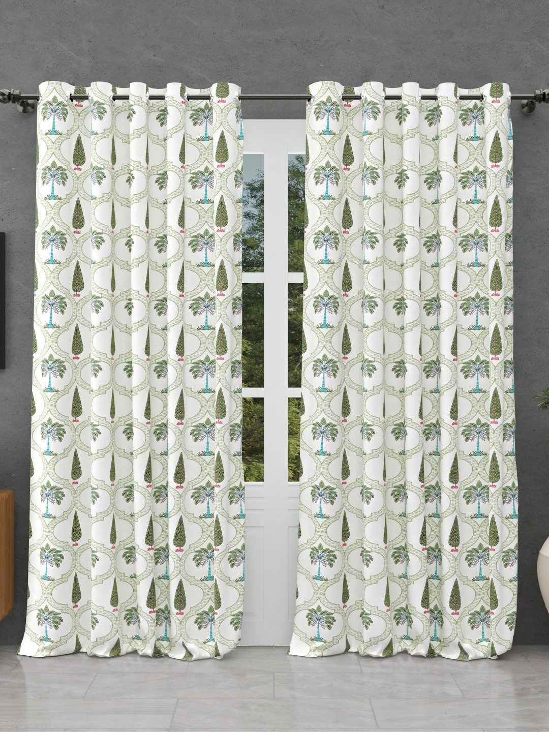 

BED-SHEET.COM Green & White 2 Pieces Floral Printed Cotton Window Curtains