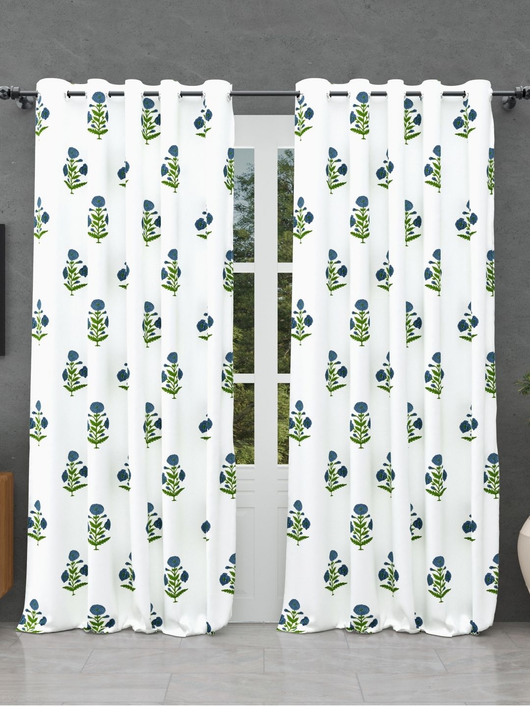 

BED-SHEET.COM Blue & Green Cotton Floral Printed Window Curtain