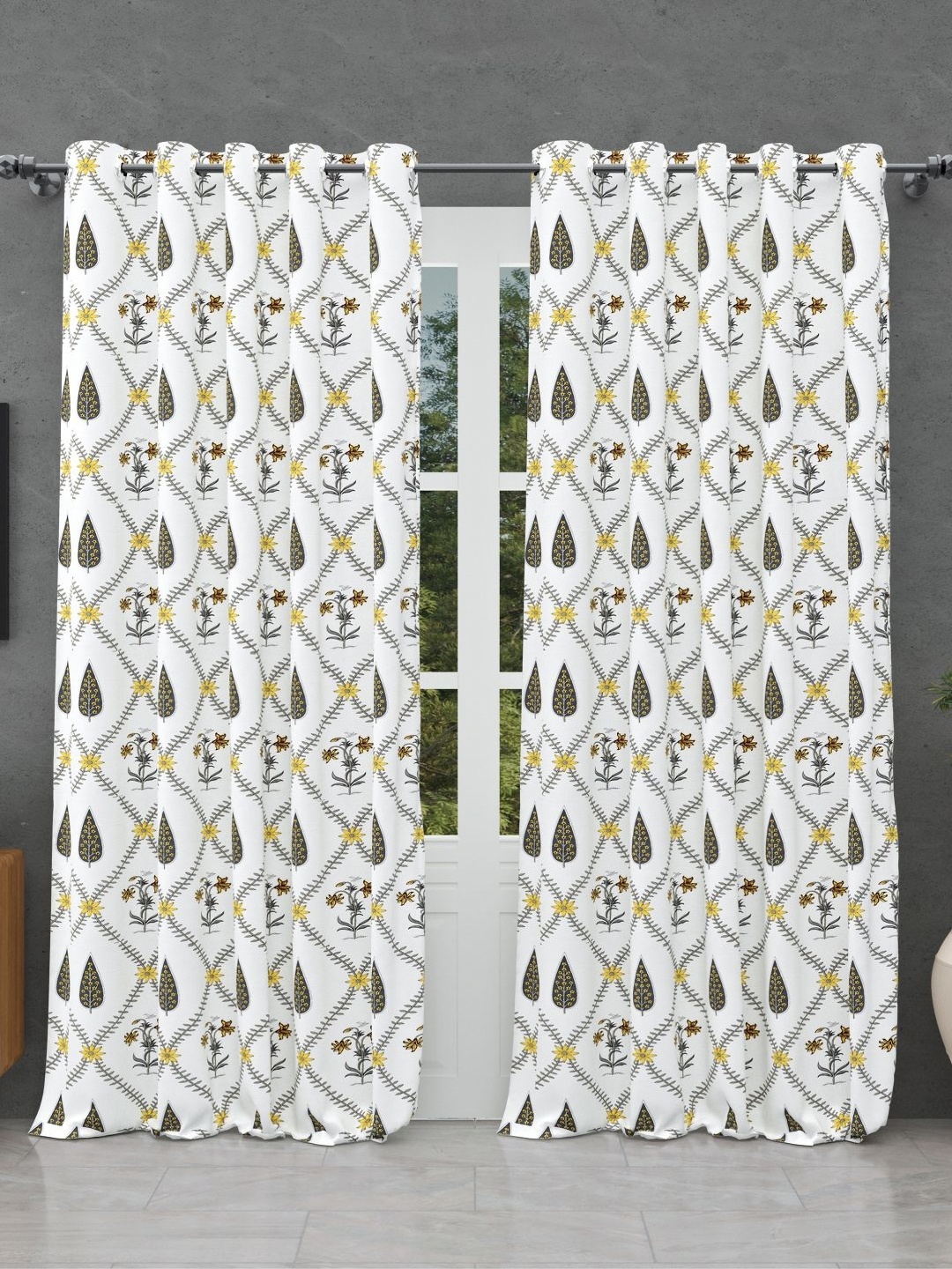 

BED-SHEET.COM Grey & Black Cotton Floral Printed Window Curtain