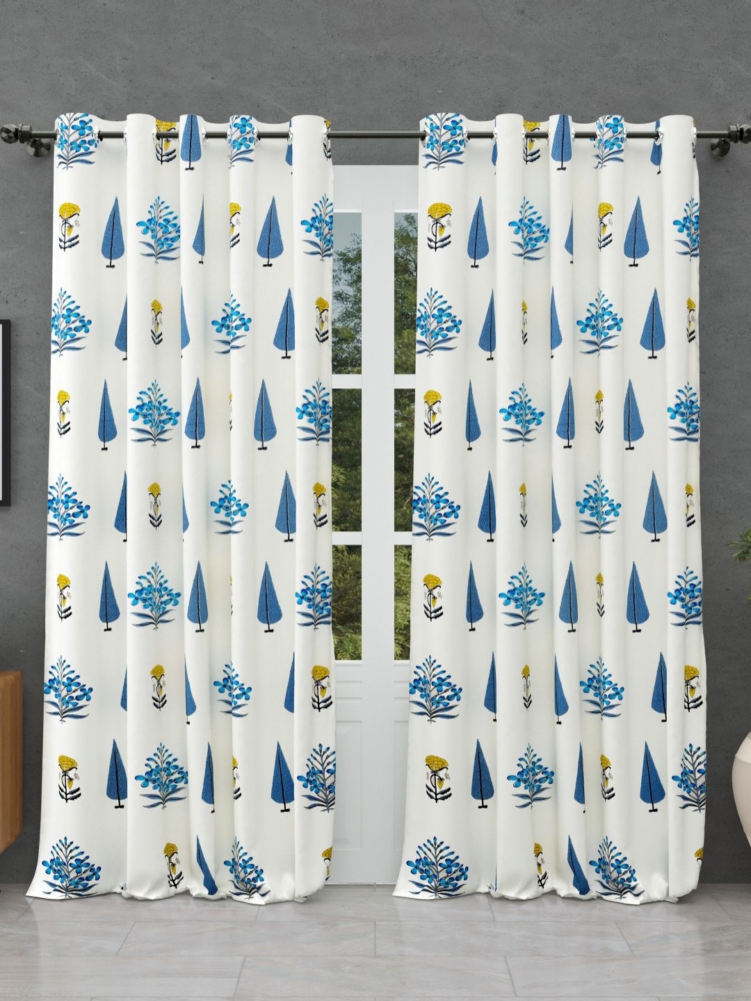 

BED-SHEET.COM White & Blue 2 Pieces Ethnic Motifs Printed Pure Cotton Window Curtains