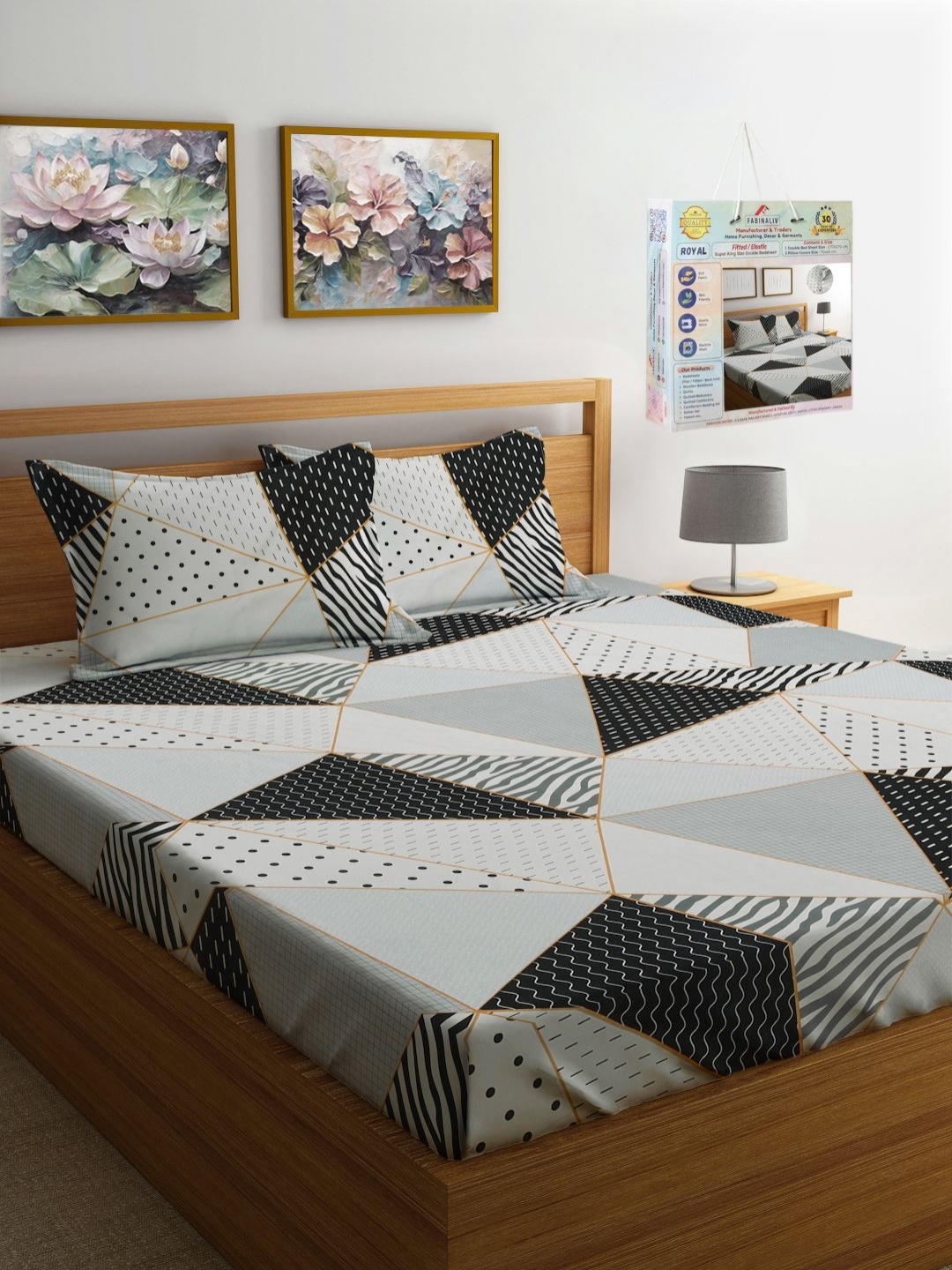 

FABINALIV White & Black Geometric Printed 300 TC King Bedsheet Set 2.70 m x 2.70 m