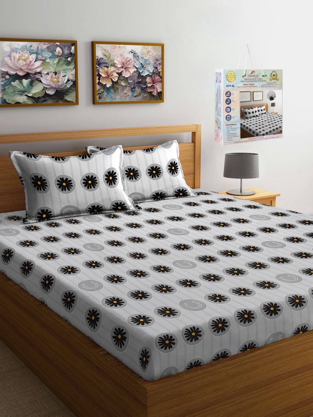 

FABINALIV Grey & Black Floral Printed 300 TC King Bedsheet Set 2.70 m x 2.70 m
