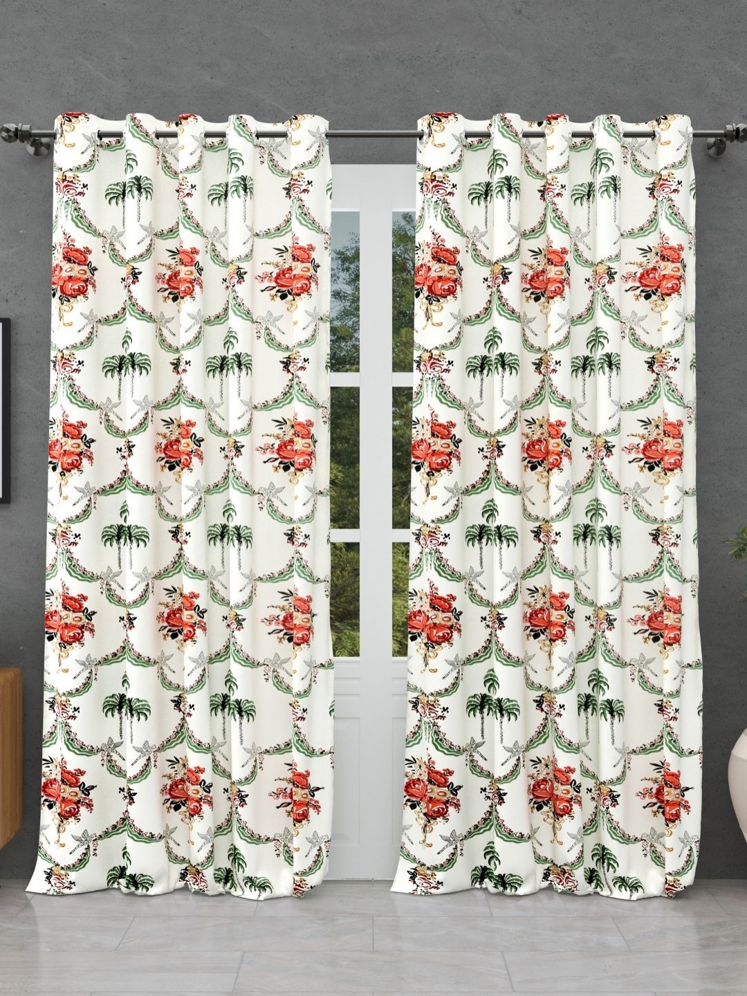 

BED-SHEET.COM Green & White 2 Pieces Floral Printed Cotton Window Curtains