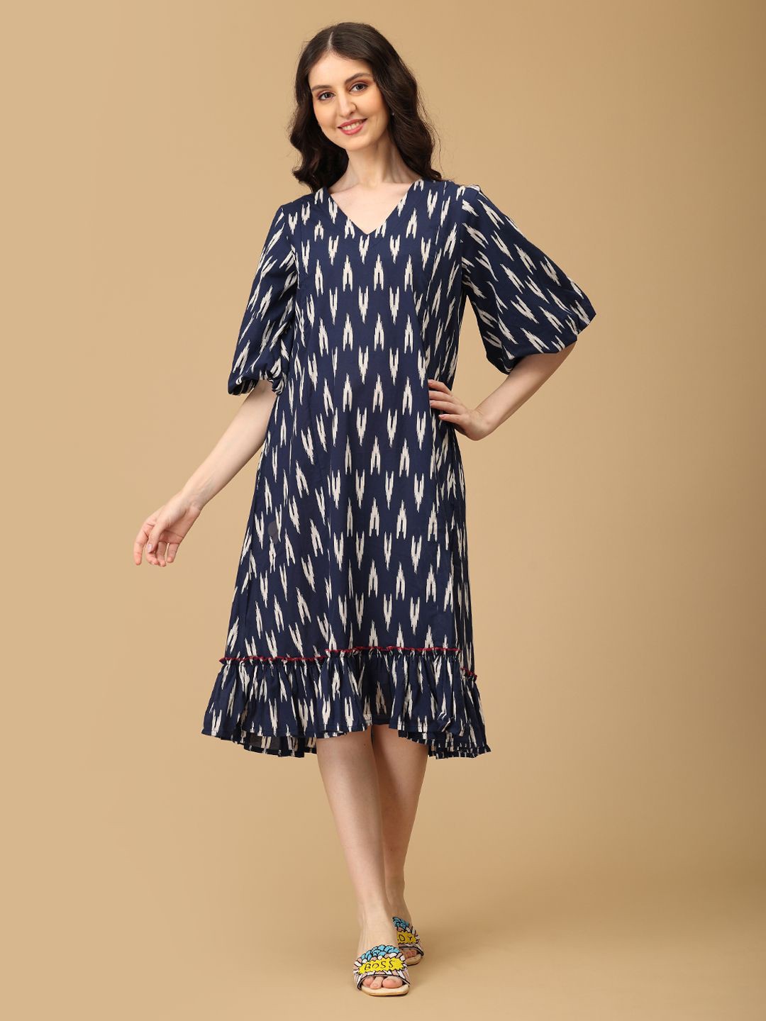 

The Mom Store Women Printed Cotton Flared Sleeve Maternity A-Line Midi Dress, Blue