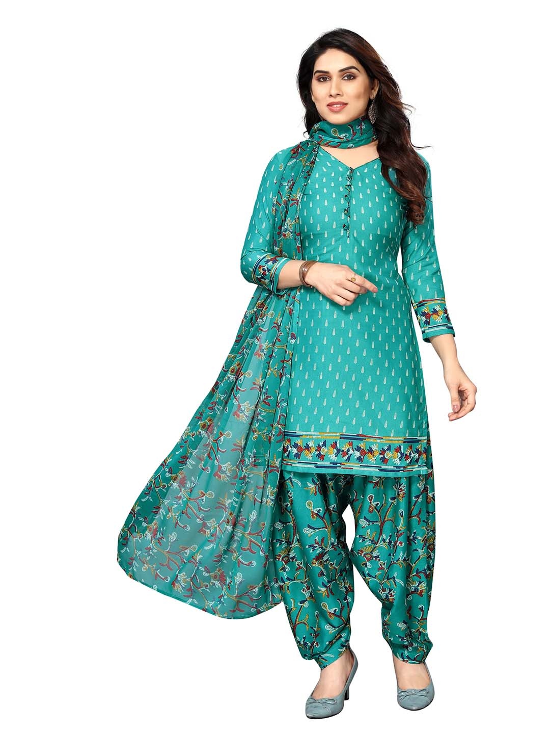 

Sidhidata Floral Printed Silk Crepe Unstitched Dress Material, Sea green