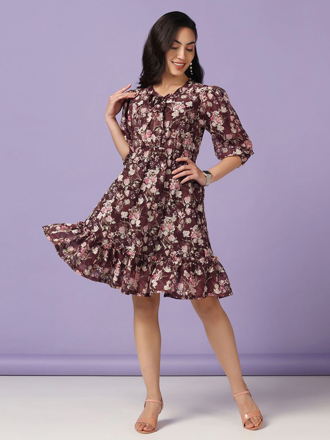 

Moda Rapido Women Floral Printed Tie-Up Neck Puff Sleeve Fit & Flare Dress, Brown