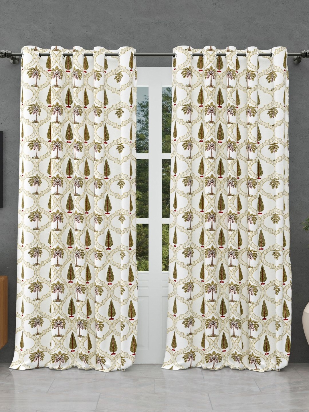 

BED-SHEET.COM Coffee Brown & White 2 Pieces Floral Printed Cotton Window Curtains