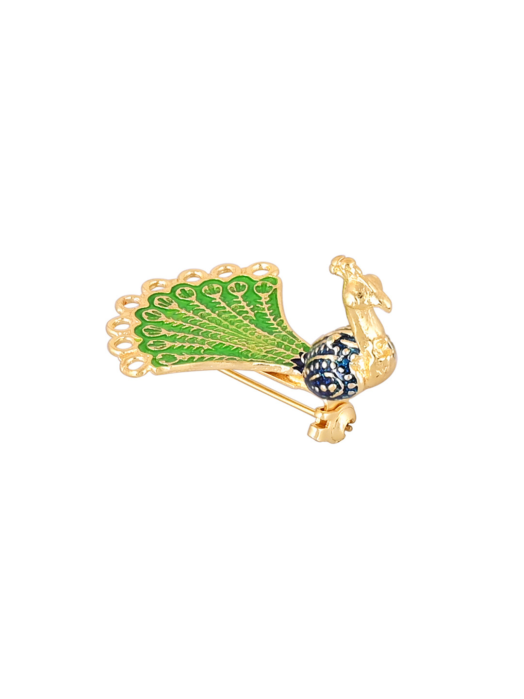

House of Pataudi Gold-Plated Brass Anti-Tarnish Peacock Brooch, Green