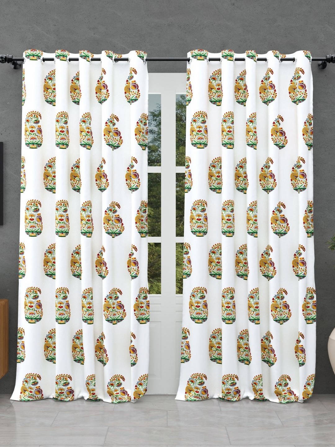 

BED-SHEET.COM White & Mustard Cotton Floral Printed Window Curtain