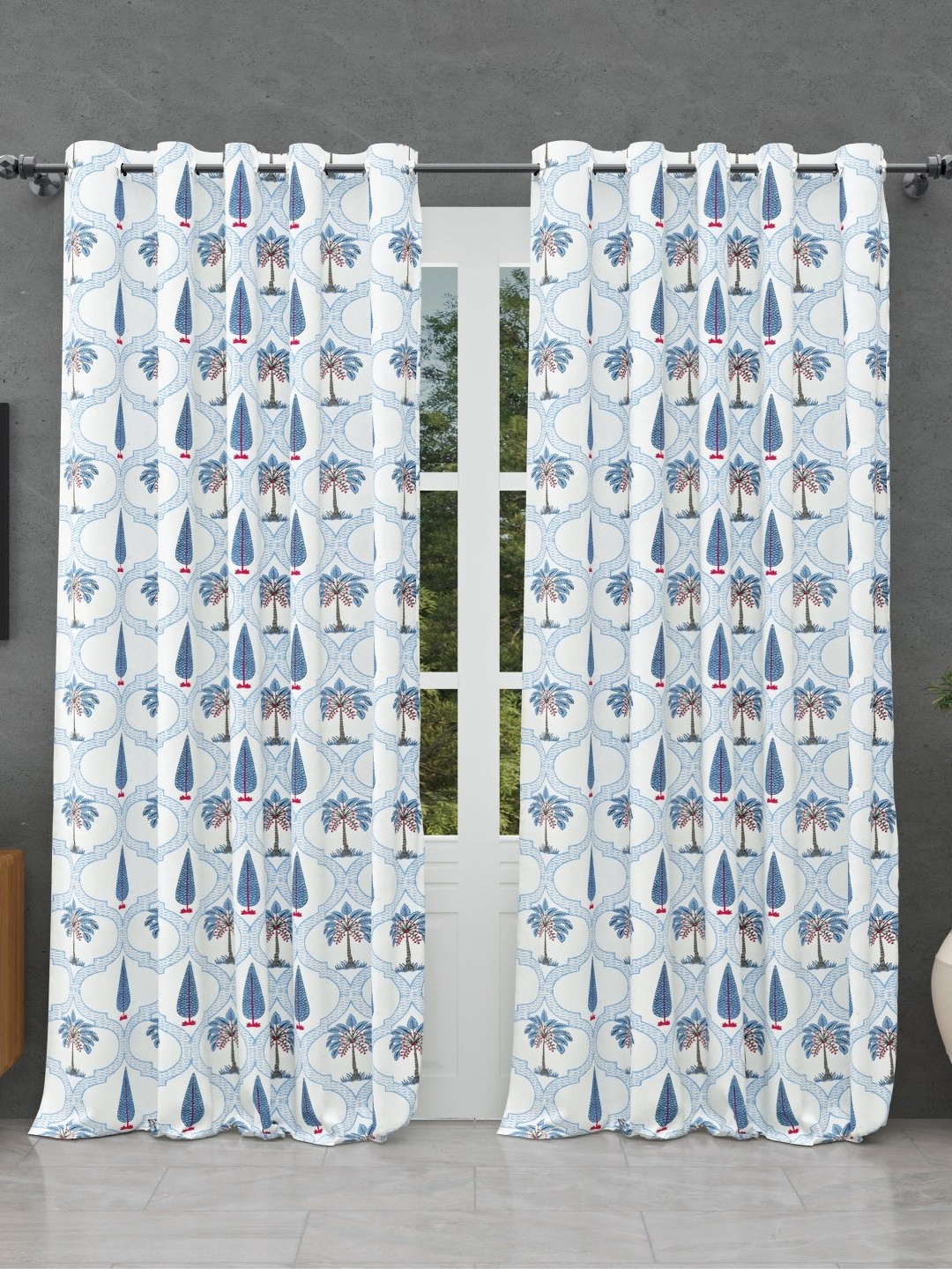 

BED-SHEET.COM White & Blue Cotton Floral Printed Window Curtain