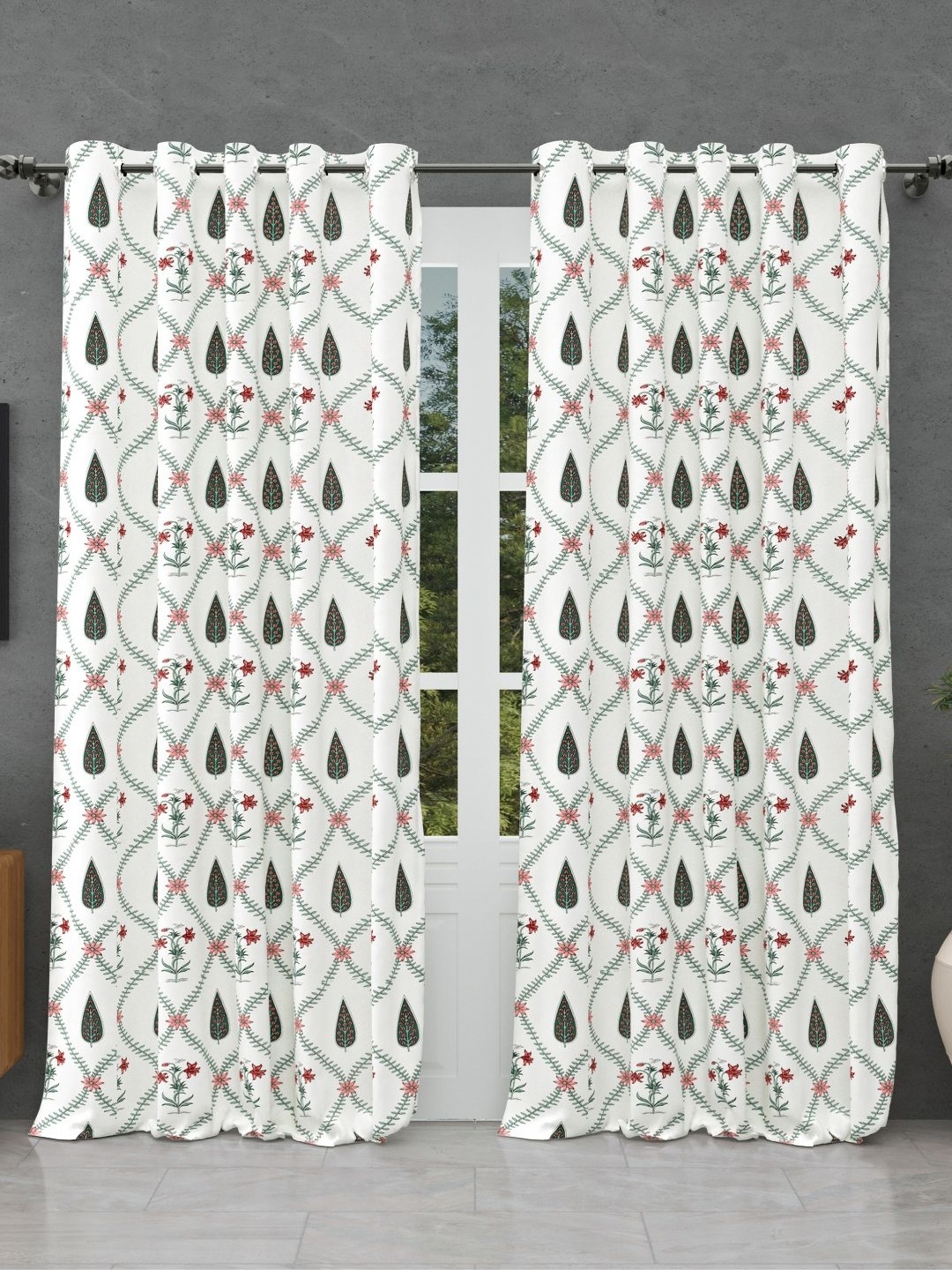 

BED-SHEET.COM Green & White 2 Pieces Floral Printed Cotton Window Curtains