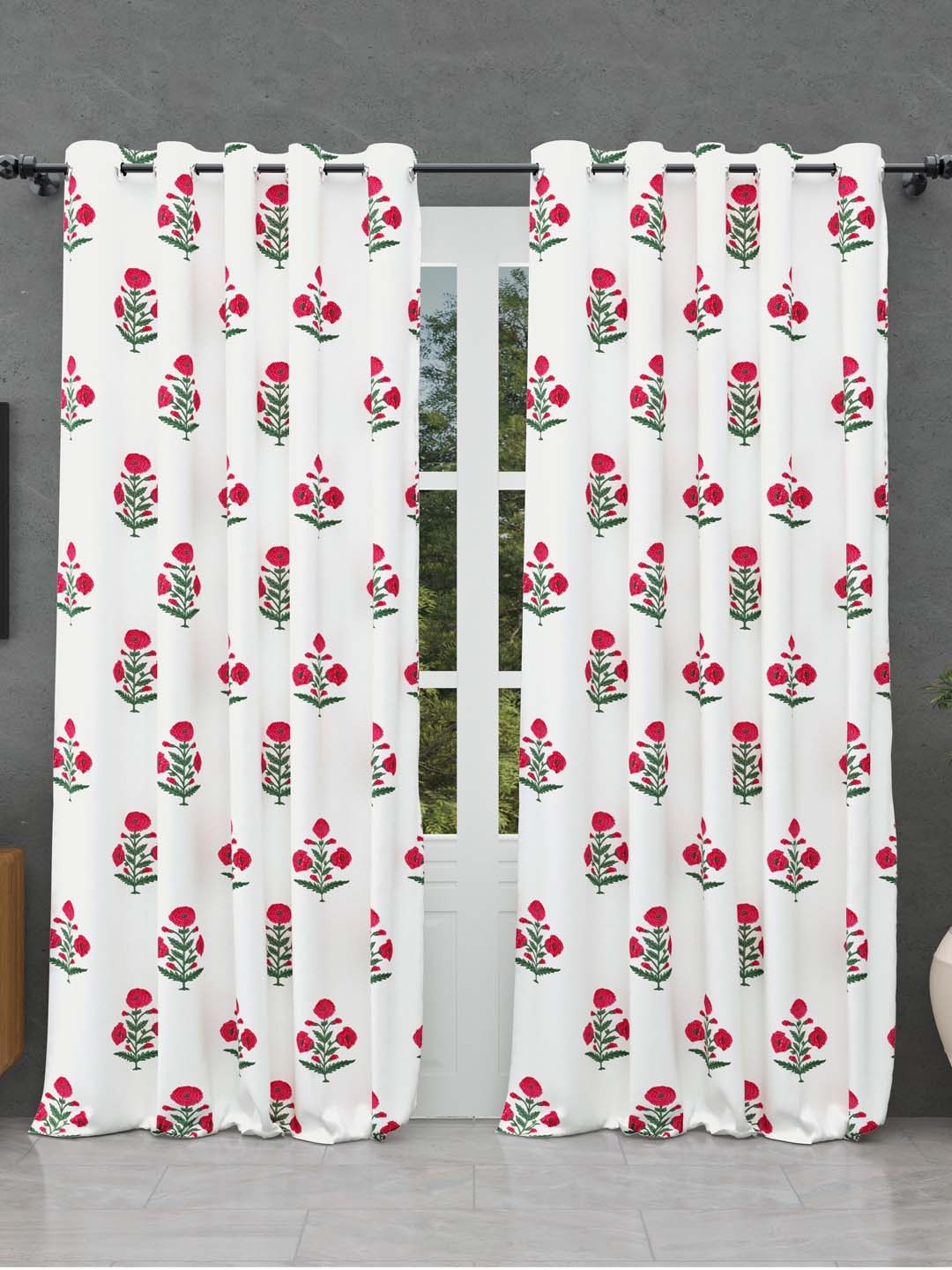 

BED-SHEET.COM White & Red Floral Printed Cotton Door Curtains