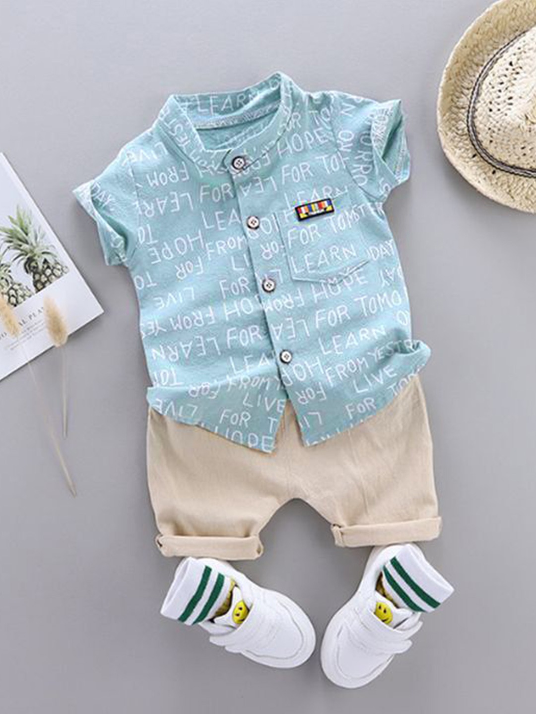 

ULTRINA Boys Printed Band Collar Shirt With Shorts, Cream
