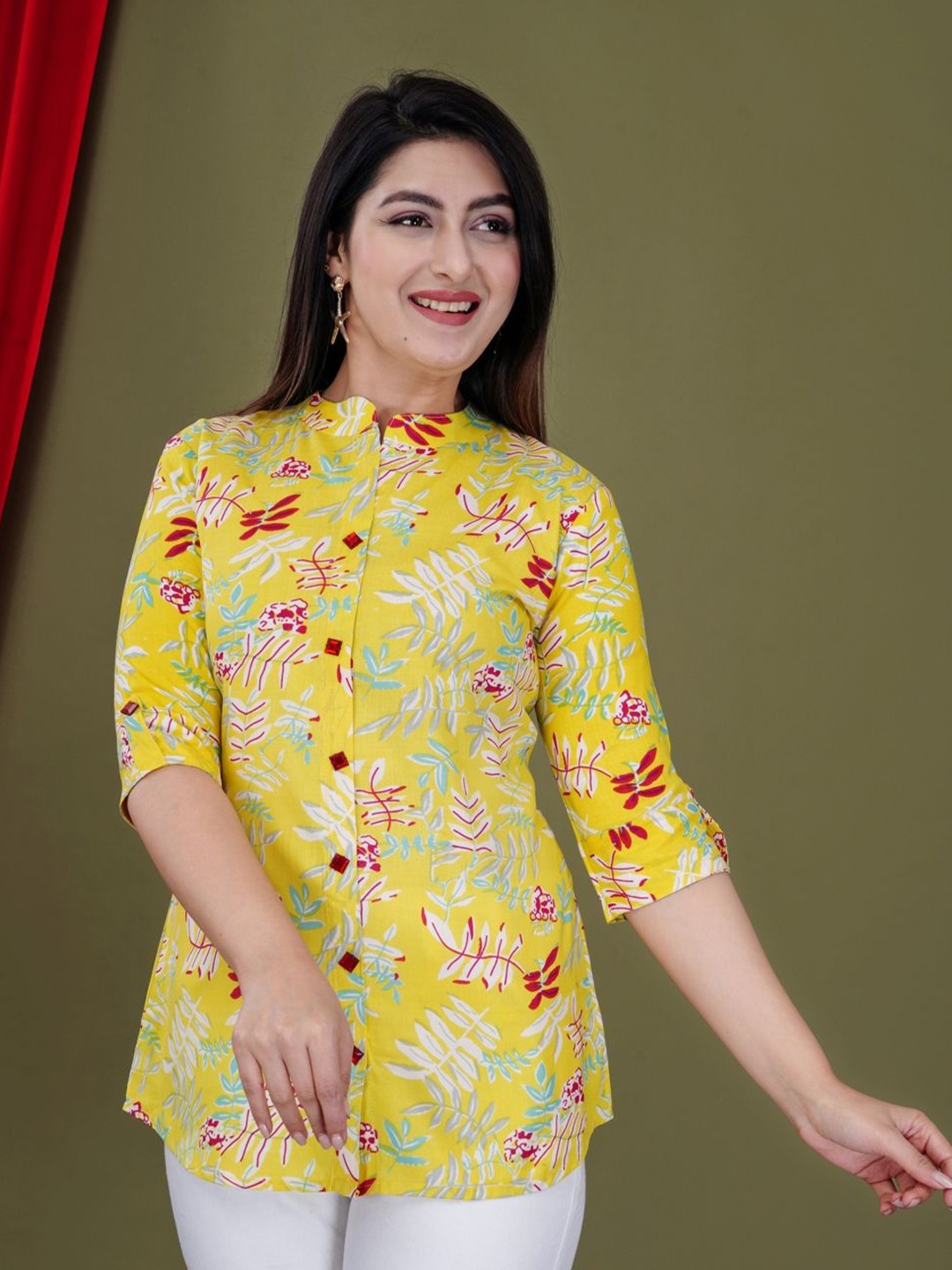 

GURMEET FASHION Women Floral Printed Mandarin Collar Roll-Up Sleeves Shirt Style Top, Yellow