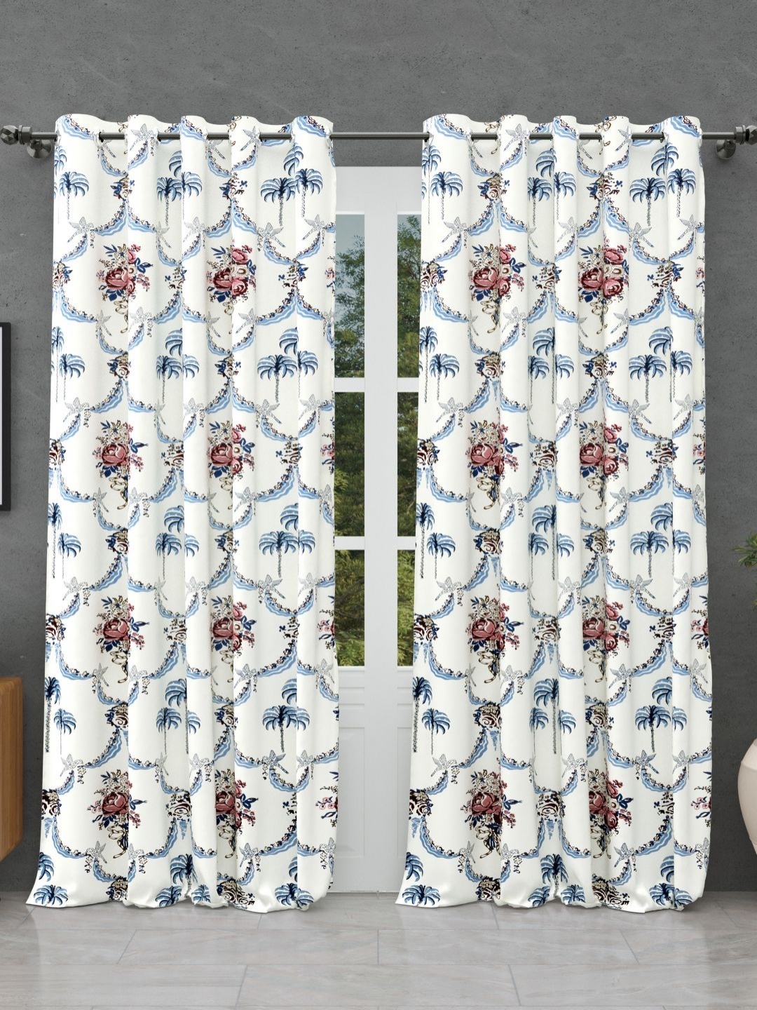 

JAIPUR FABRIC Blue & White Floral Printed Cotton Window Curtain