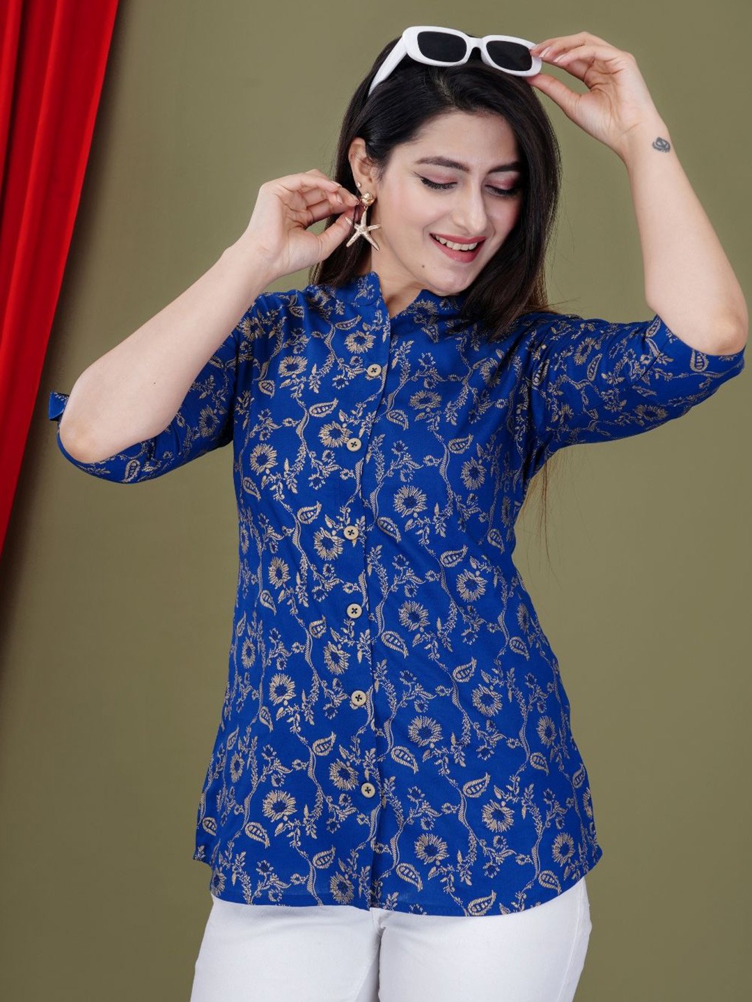 

GURMEET FASHION Women Floral Printed Shirt Style Top, Blue