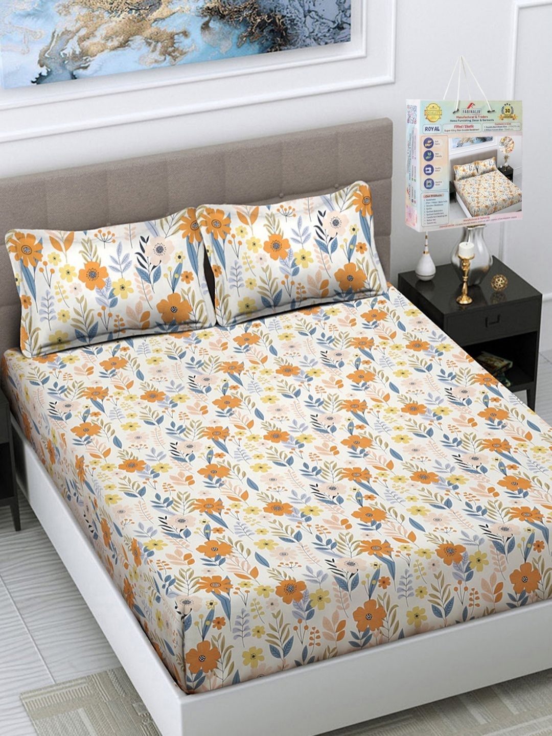 

FABINALIV Yellow & Beige Floral Printed 300 TC King Bedsheet Set 2.70 m x 2.70 m