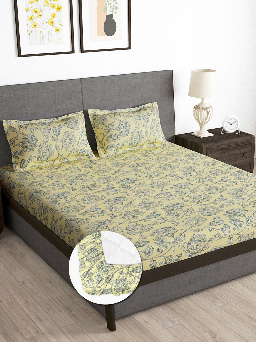 

Story@home Cream 180 TC Floral Queen Fitted Bedsheet With 2 Pillow Covers