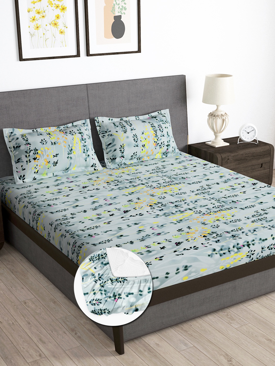 

Story@home Grey 180 TC Floral Queen Fitted Bedsheet With 2 Pillow Covers