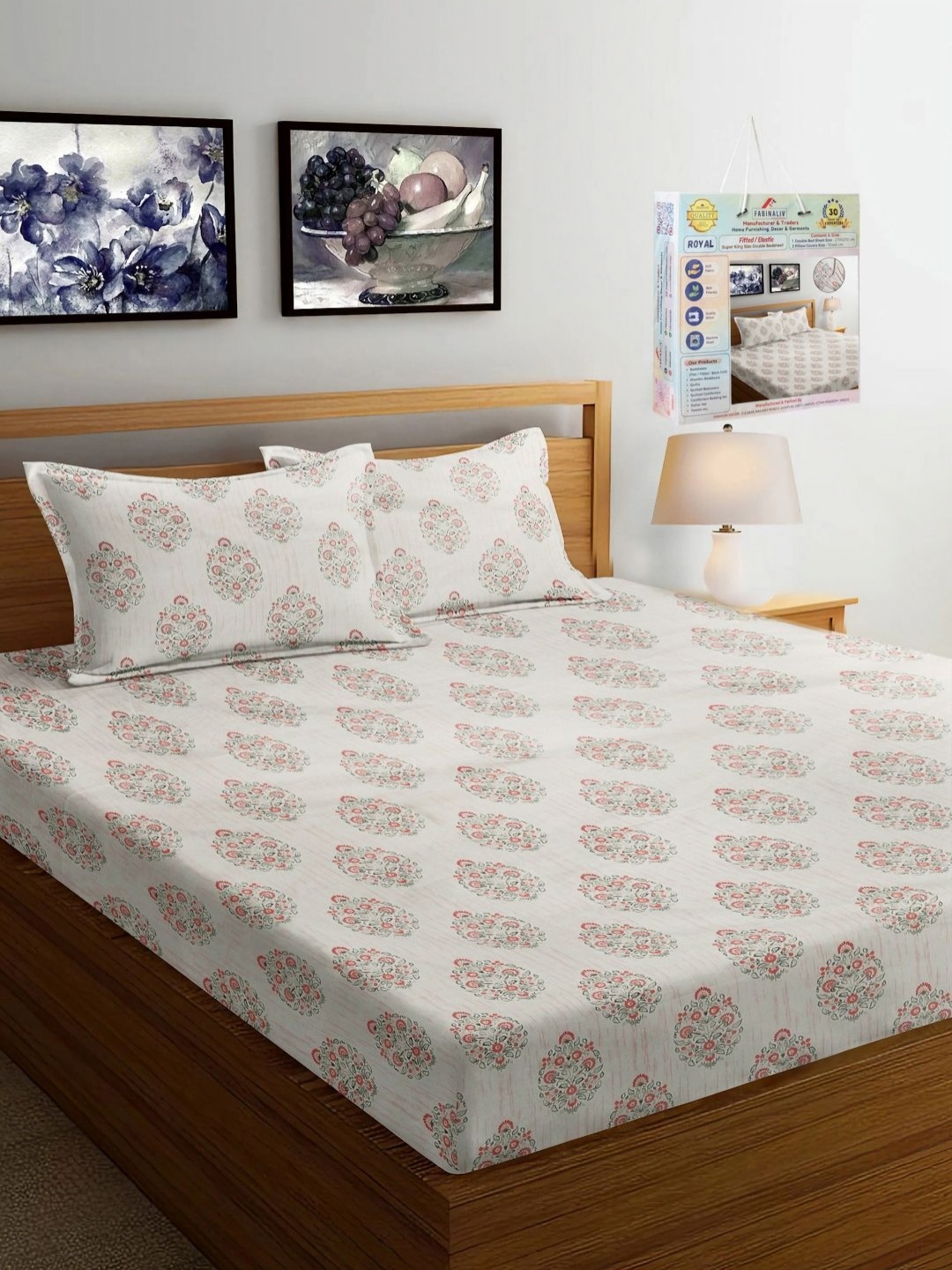 

FABINALIV Off White & Pink Floral Printed 300 TC King Bedsheet Set 2.70 m x 2.70 m