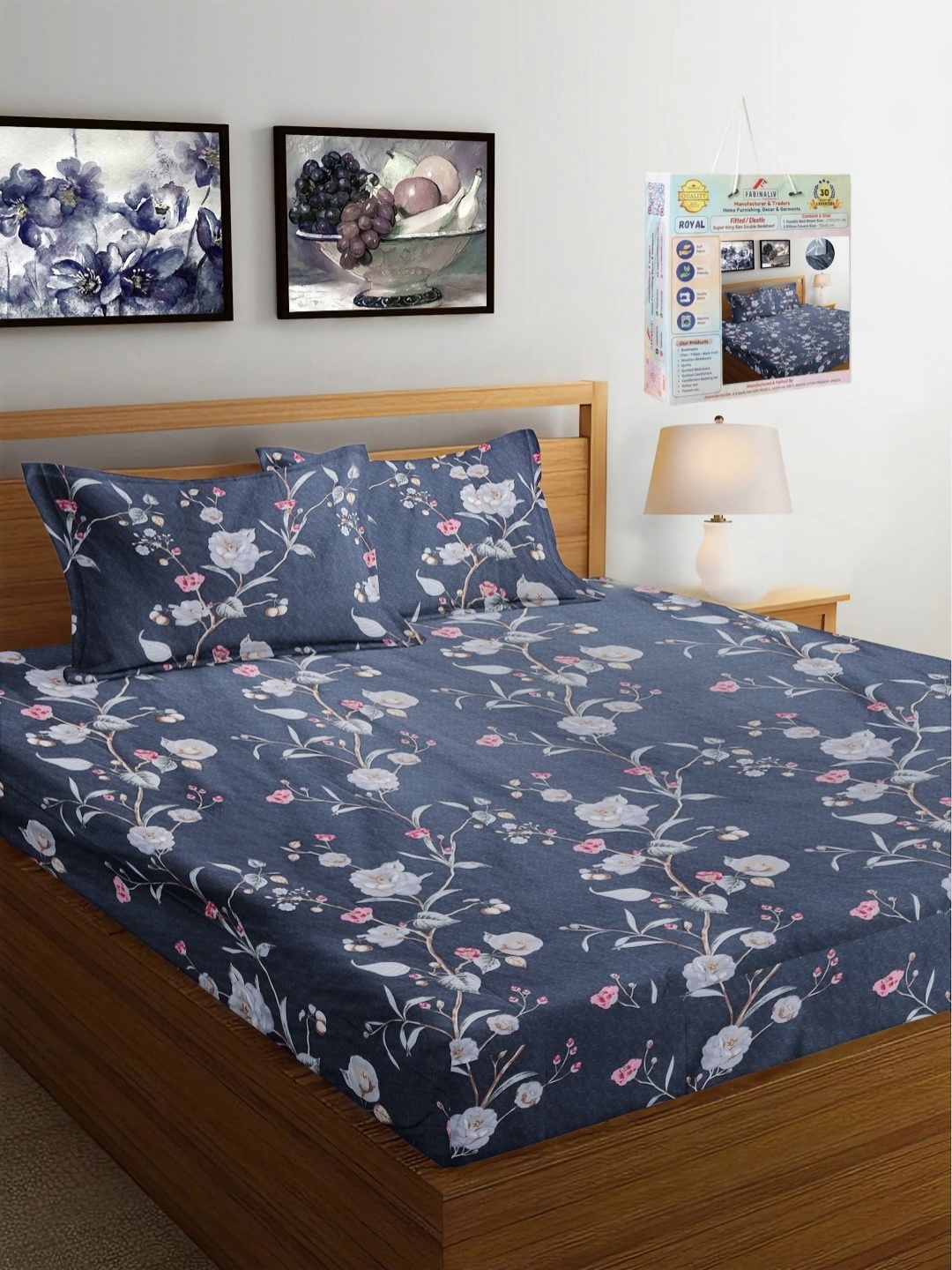 

FABINALIV Navy Blue & Grey Floral Printed 300 TC King Bedsheet Set 2.70 m x 2.70 m